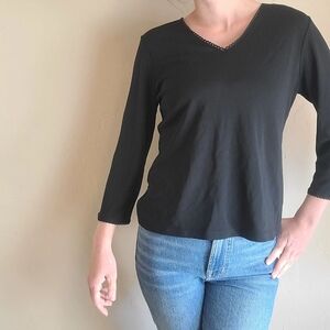 DKNY Black V-Neck Casual Blouse Top 3/4 Sleeve Size Large